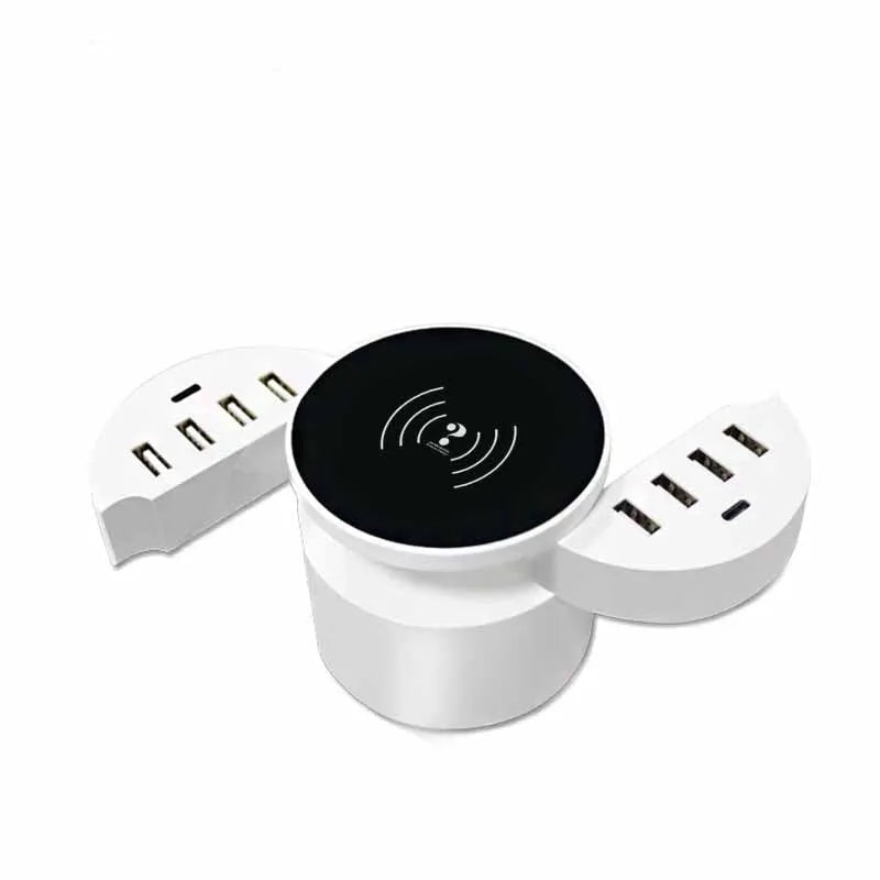Ceramic white circular wireless charger with USB port and international plug adapters