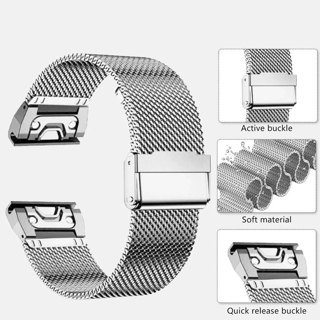 Stainless steel card-style replacement strap for Garmin Fenix watches in silver colour