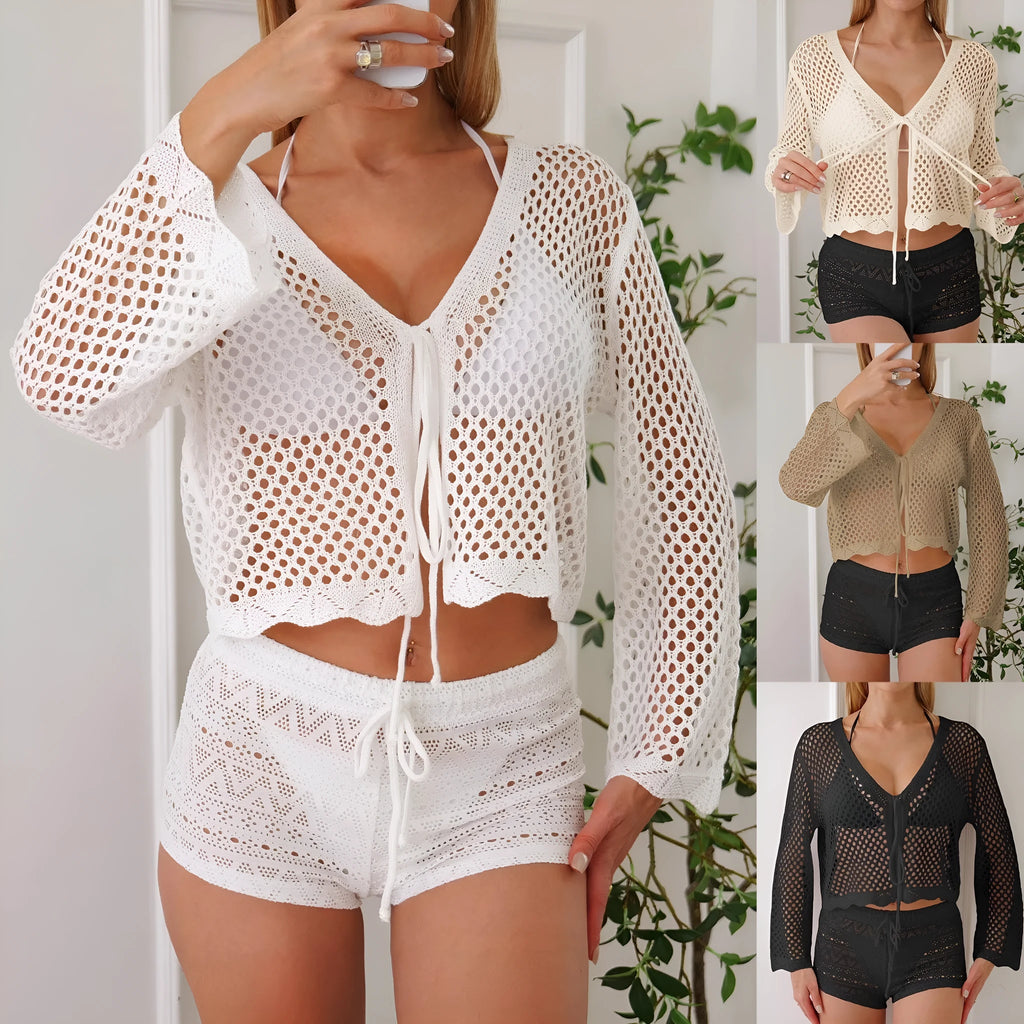 Short women's cardigan blouse with hollow woven texture and bell sleeves in apricot colour