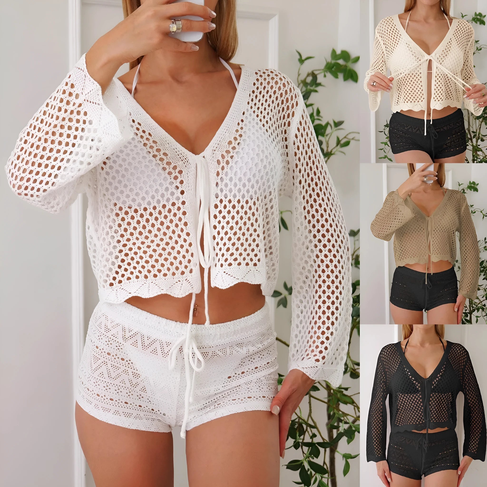 Short women's cardigan blouse with hollow woven texture and bell sleeves in apricot colour