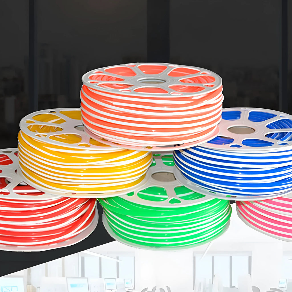 Blue flexible silicone LED neon light strip coiled on a reel showing its 8mm width and pliable texture.