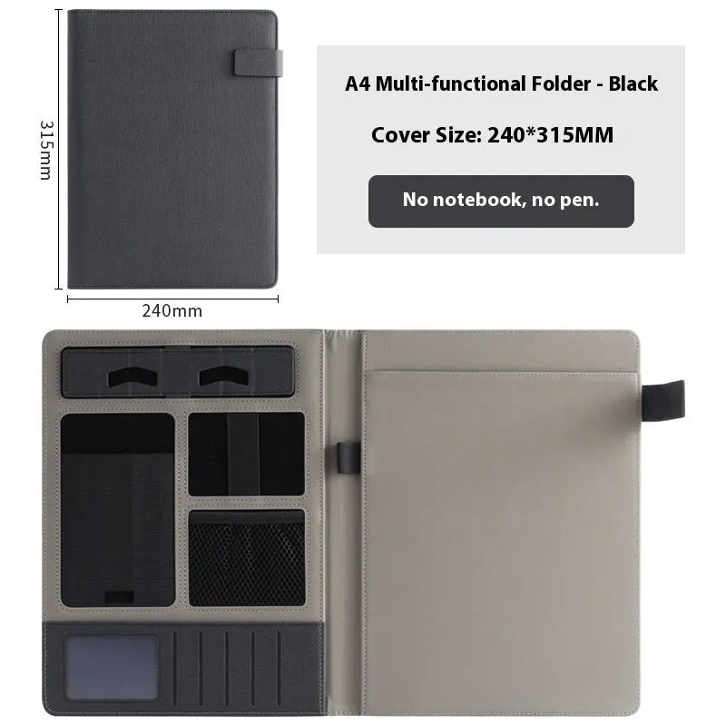 Black leather A4 business folder open, showing interior document space, pen loop, and optional notepad.