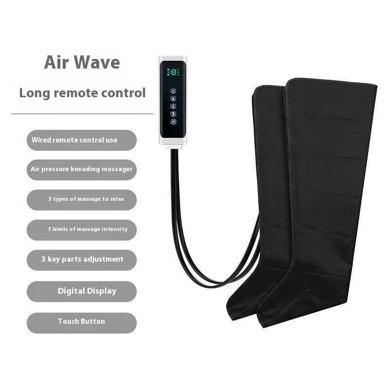 Black leg massage boots with air wave technology, fully wrapped design covering calf and foot