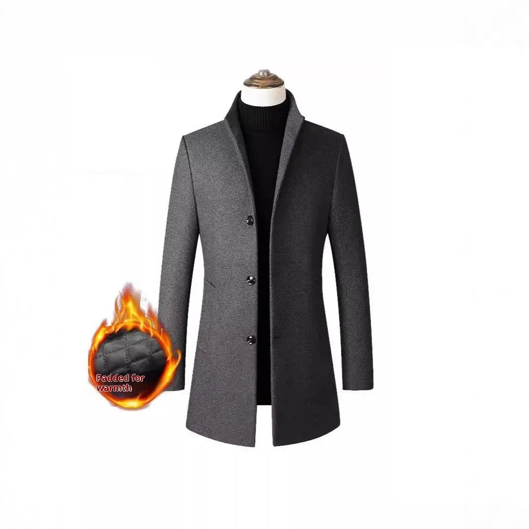 Men's single-breasted stand collar cotton padded wool blend winter trench coat in grey