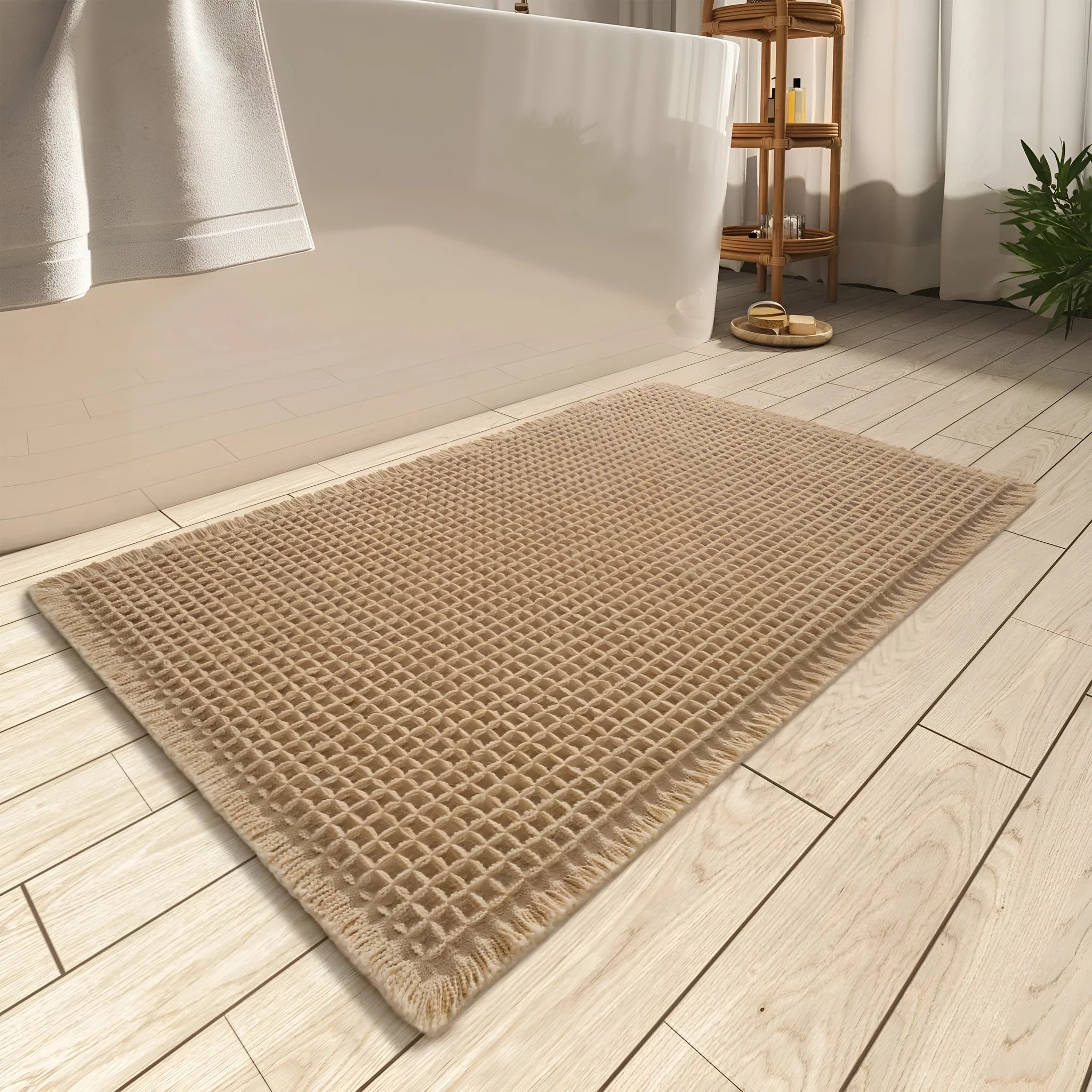 Beige checkered non-slip bathroom carpet mat on tiled floor.