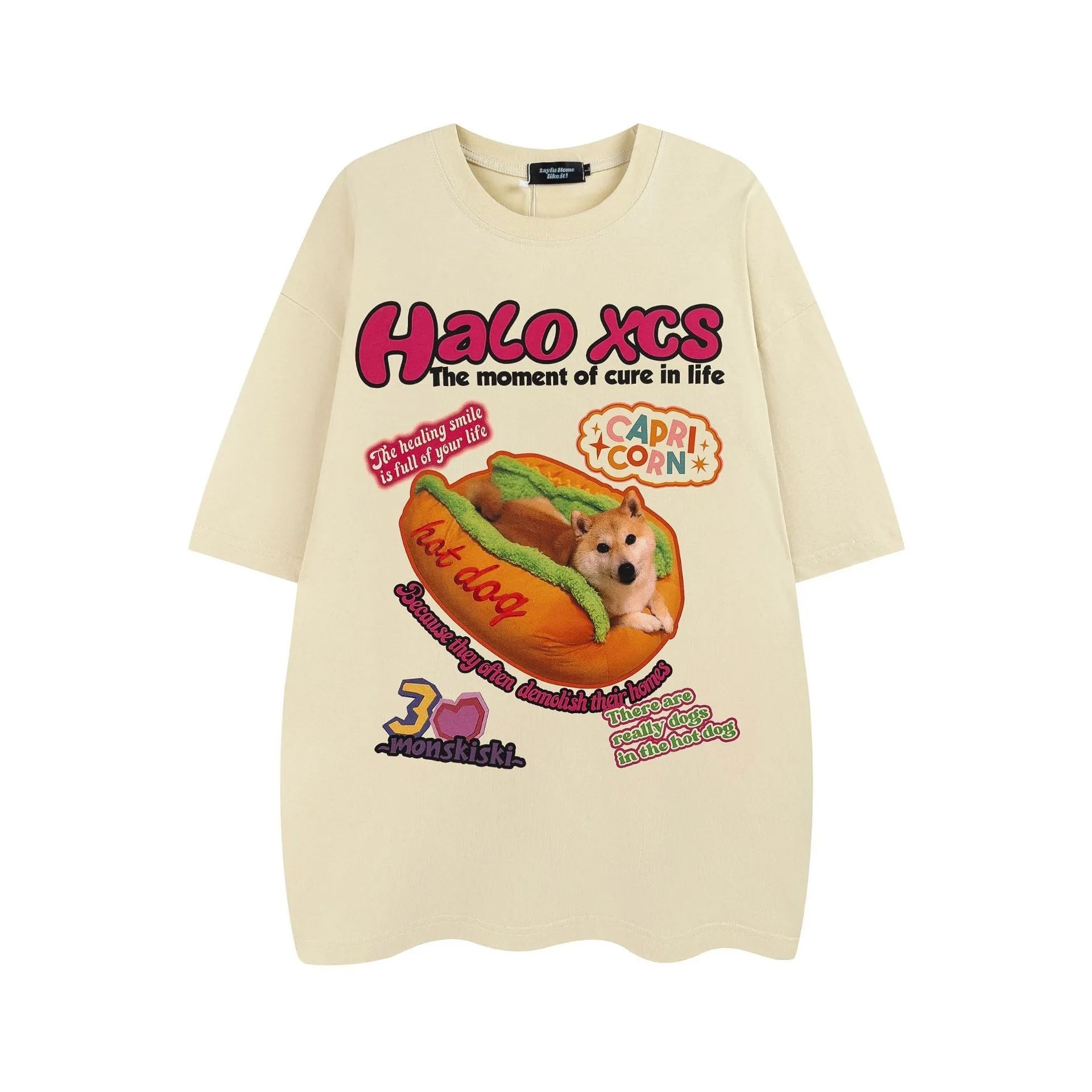 Cartoon hamburger dog printed cotton t-shirt in loose fit casual style with short sleeves