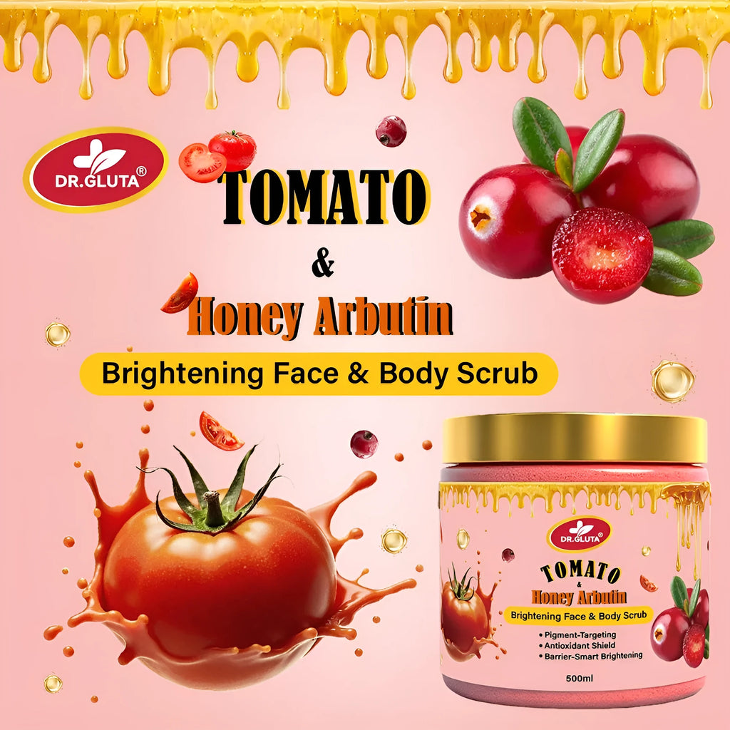 Tomato & Honey Arbutin Body Scrub 500ml jar for face and body brightening skincare