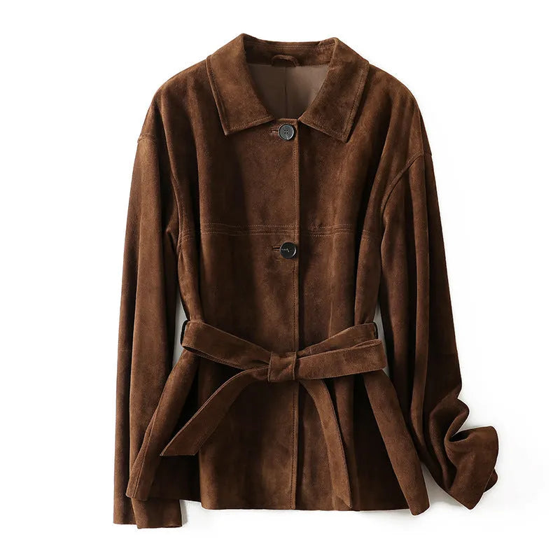 Yellow brown loose-fit cashmere coat with a leather-stitched Peter Pan collar and an attached waist belt.