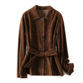 Yellow brown loose-fit cashmere coat with a leather-stitched Peter Pan collar and an attached waist belt.