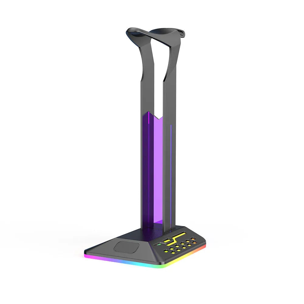RGB headphone bracket with dual USB ports and colour changing LEDs in acrylic black finish