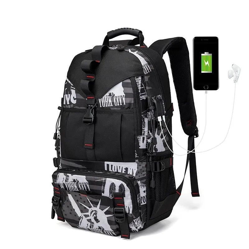 Men's waterproof Oxford cloth hiking backpack showing 56-75L capacity and air pillow belt system in black colour option
