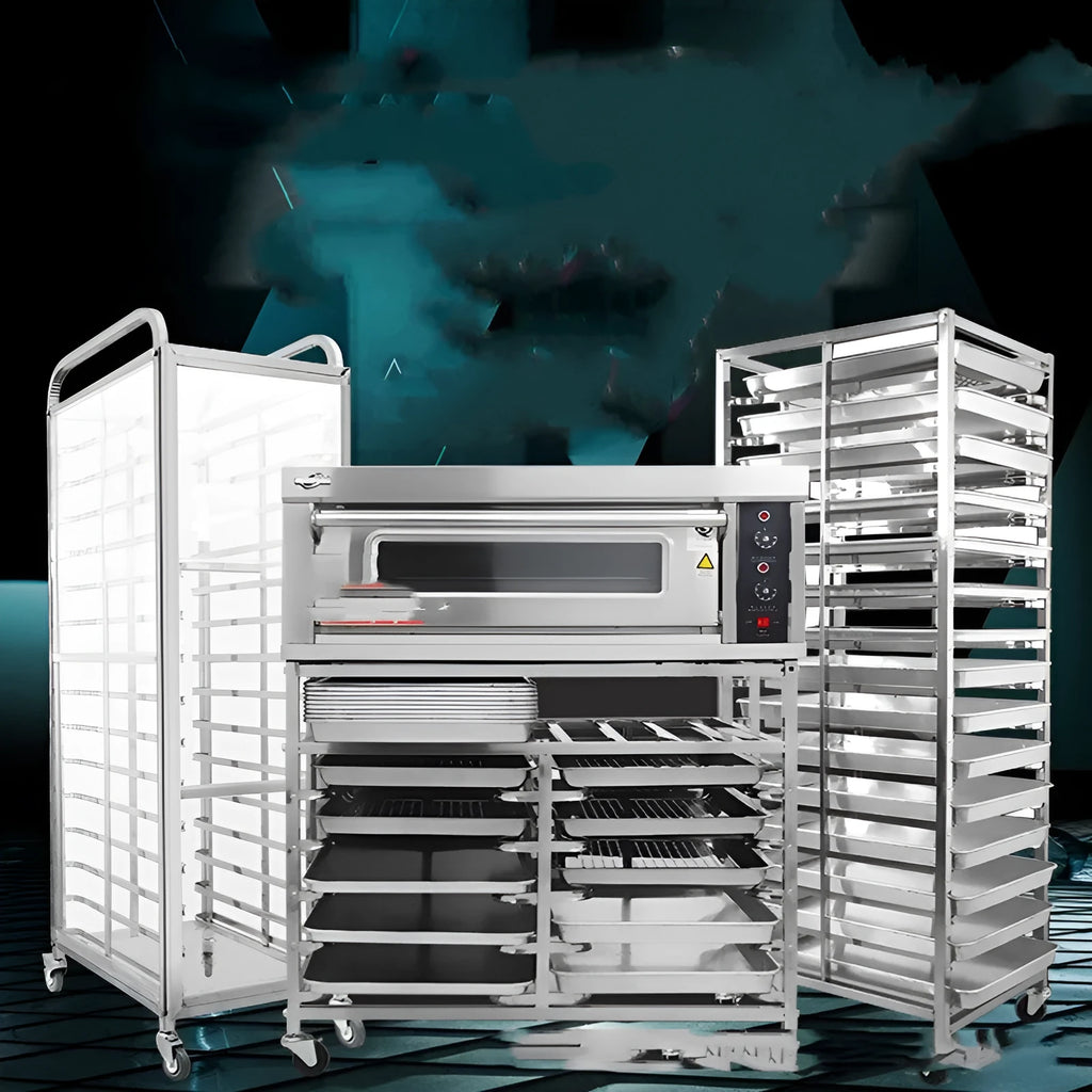 Stainless steel commercial tray rack with six levels for 40x60cm baking sheets, featuring a locking mechanism.