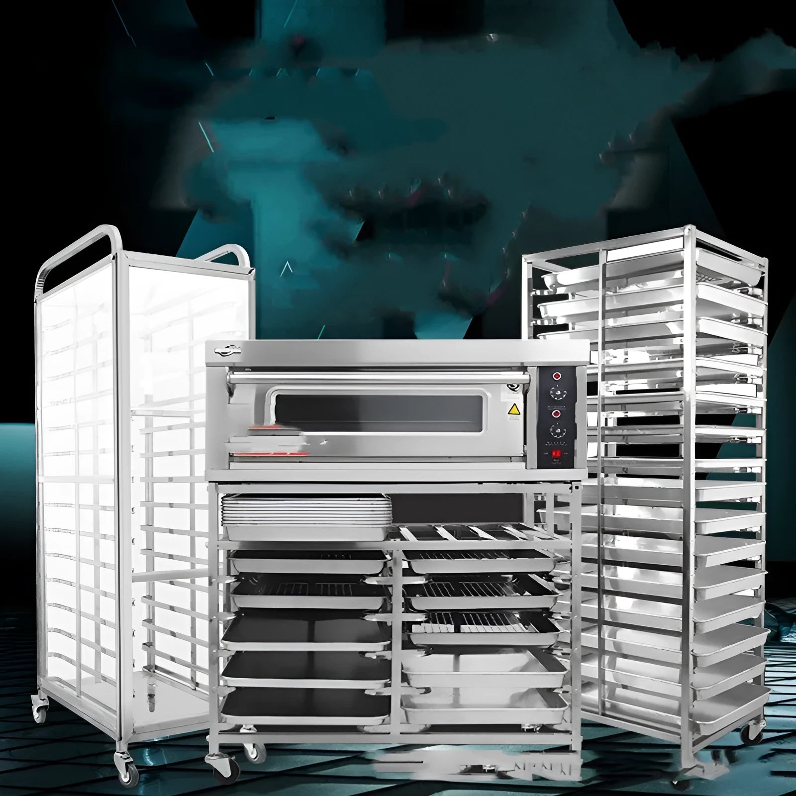 Stainless steel commercial tray rack with six levels for 40x60cm baking sheets, featuring a locking mechanism.
