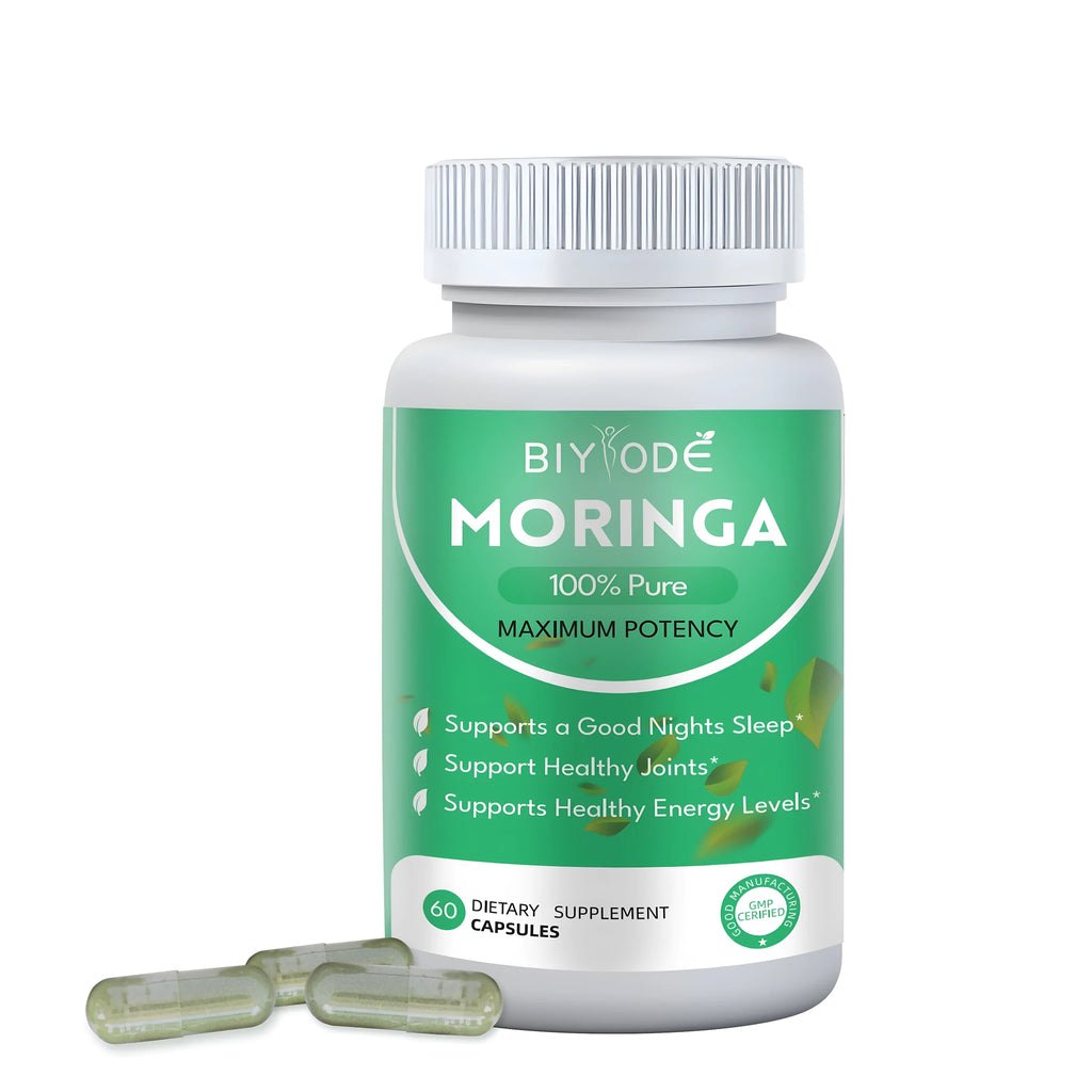 Bottle of 60 moringa extract capsules herbal supplement for immune and detox support
