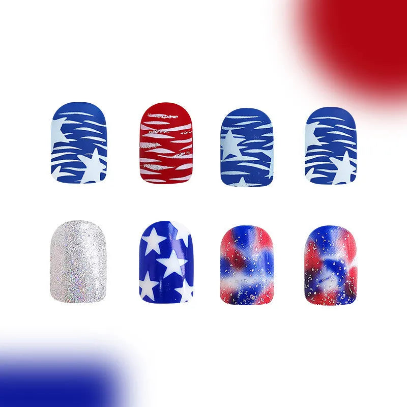 Independence Day glitter red and blue multicolor nail tips in European square shape 4 pack