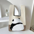 Women's knitted polyester casual handbag in beige with open outer pocket, 20cm x 35cm