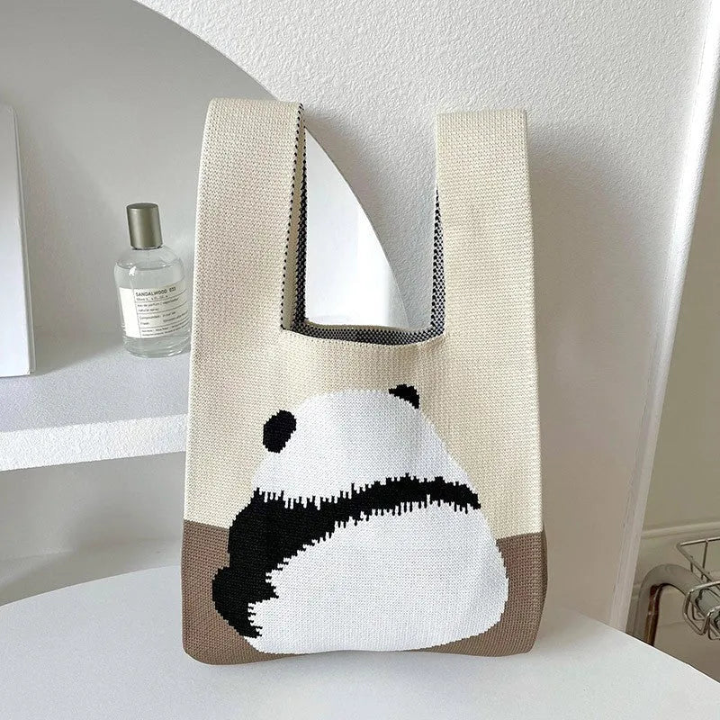 Women's knitted polyester casual handbag in beige with open outer pocket, 20cm x 35cm