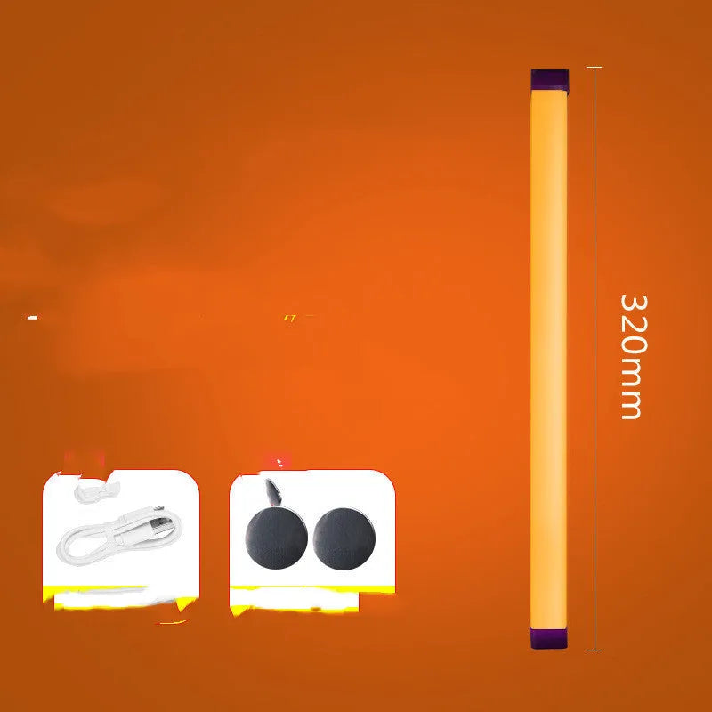 Rechargeable dimmable LED tube light in blue or purple colour showing 17cm, 32cm, and 52cm size options.