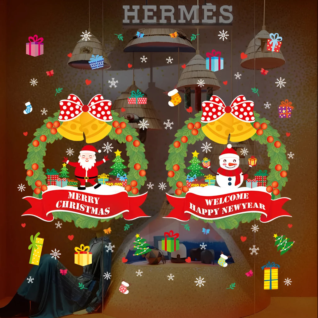 Two large colourful Christmas wall stickers with cartoon designs measuring 60cm by 45cm each for window decoration