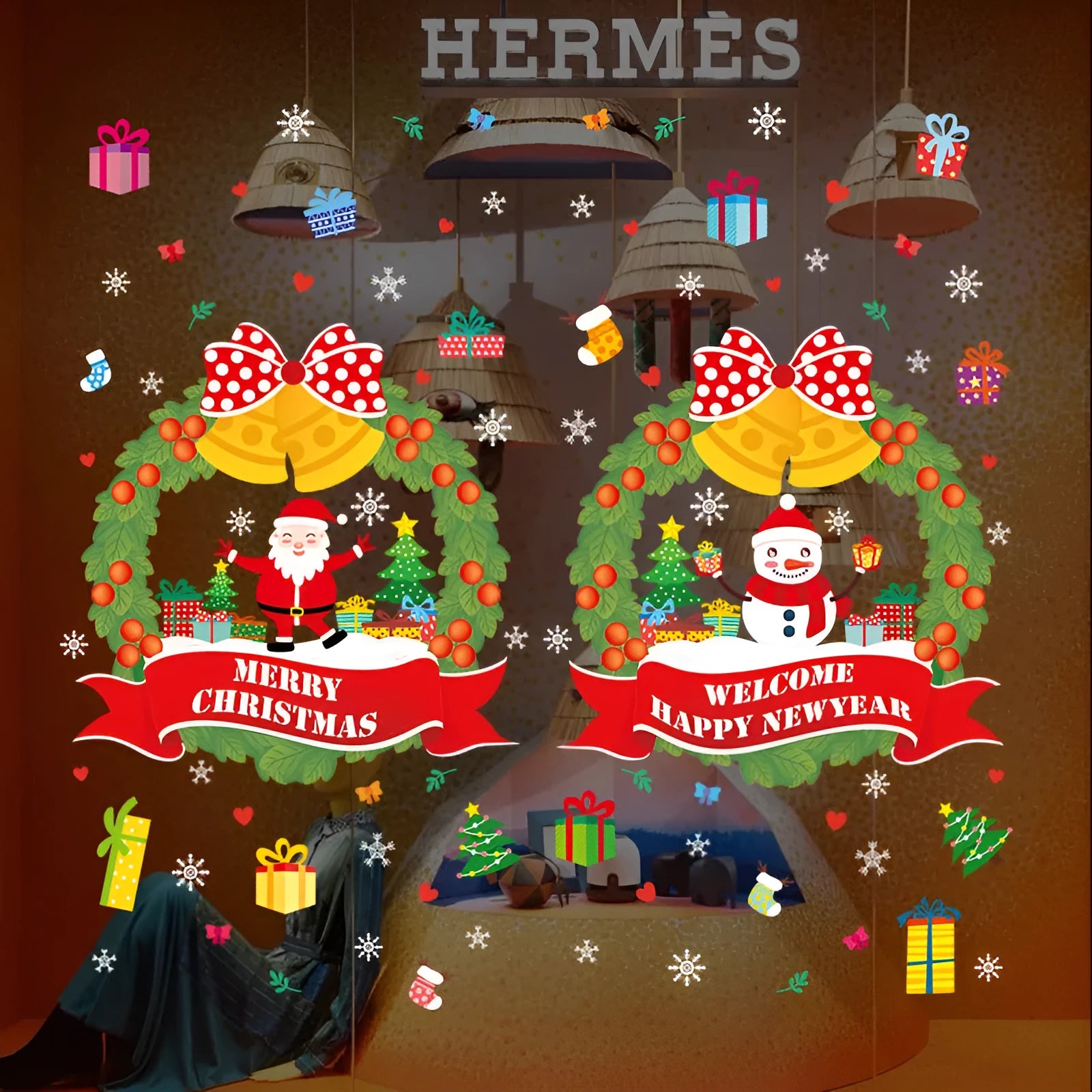 Two large colourful Christmas wall stickers with cartoon designs measuring 60cm by 45cm each for window decoration