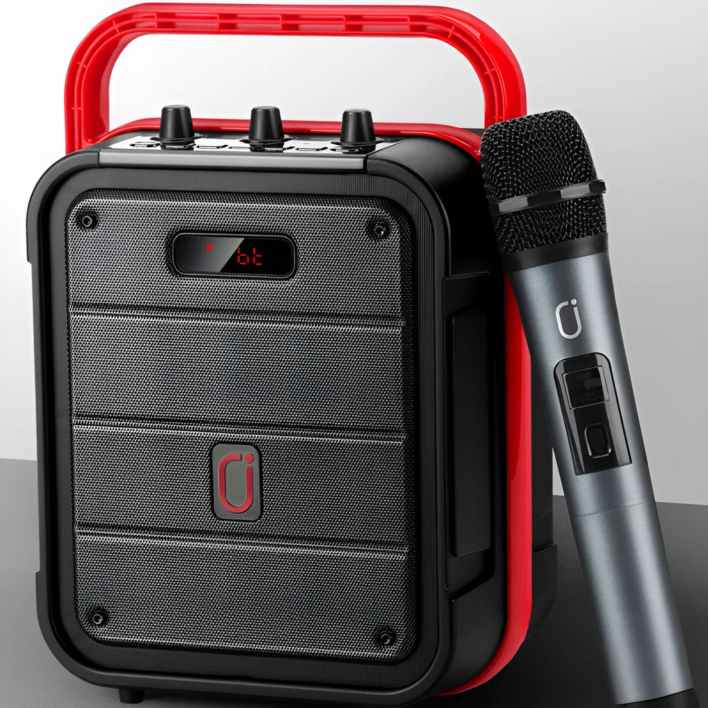 MS62AI portable Bluetooth speaker with wireless microphone on a table.