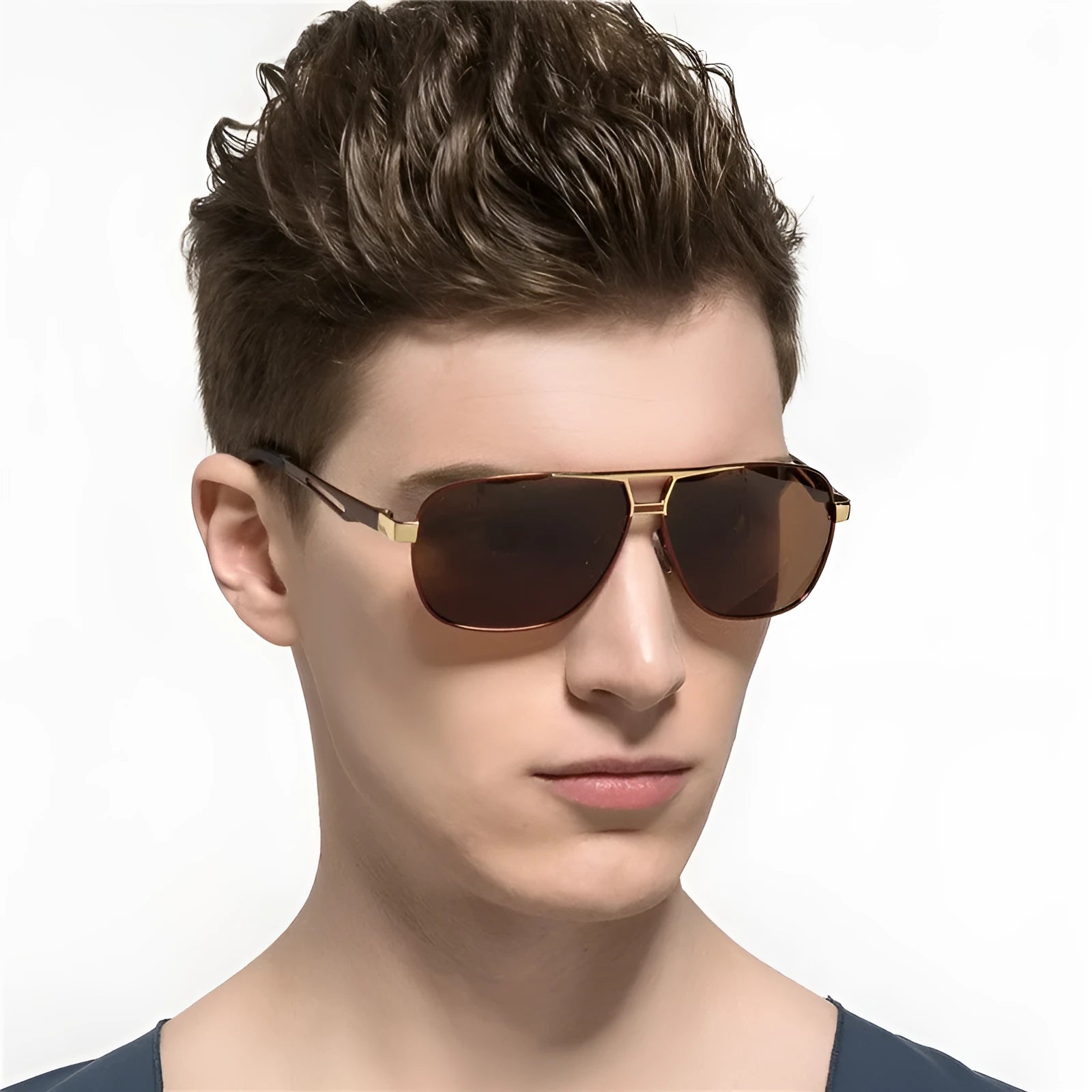 Men's orange red tinted aviator sunglasses with polarised lenses and thin metal frame on a plain background.