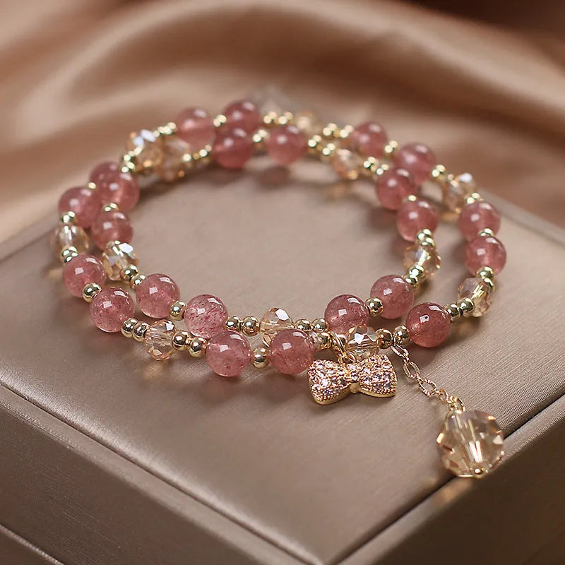Fairy style natural strawberry quartz bracelet women's double layer gold U-shaped crystal jewellery