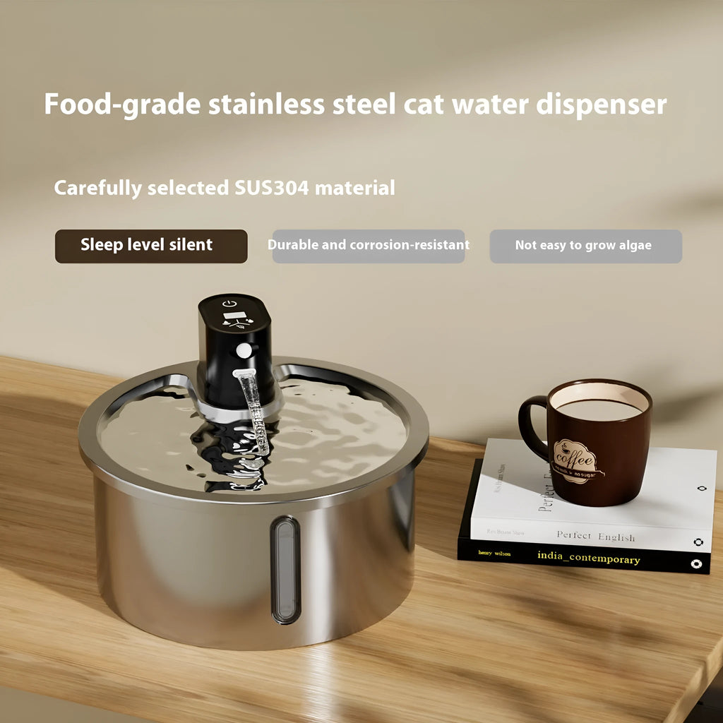 Stainless steel pet water fountain with white heating base on a kitchen floor