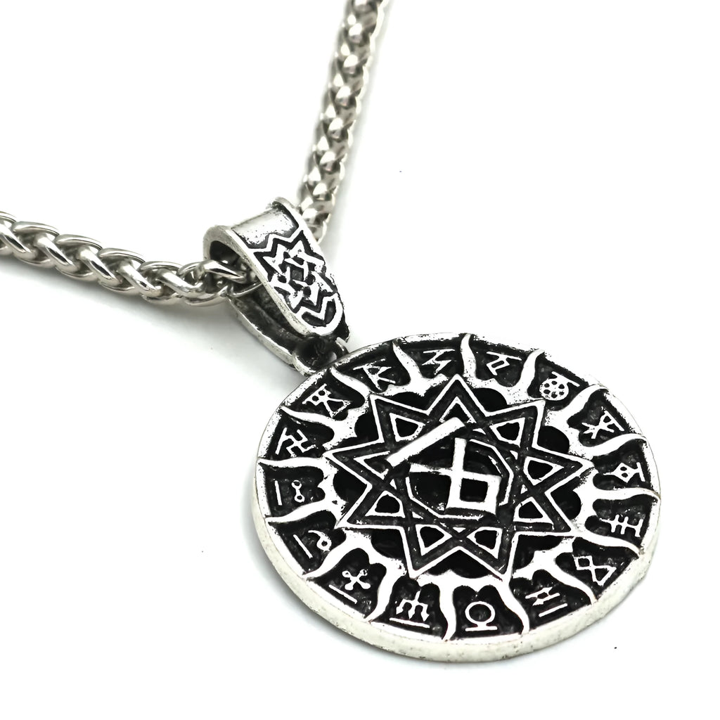 Lunavin ODing logo pendant necklace on an adjustable snake bone chain in antique silver