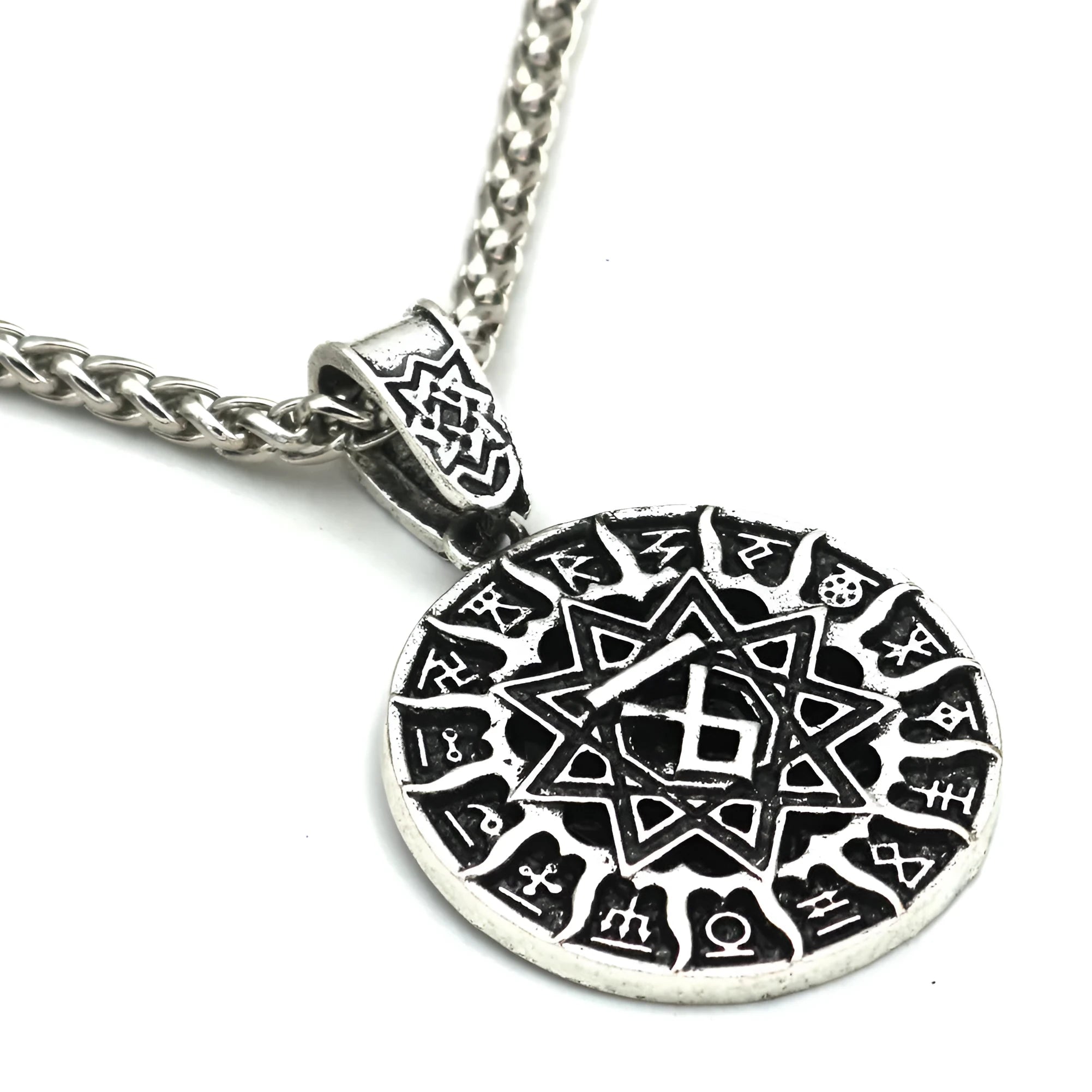 Lunavin ODing logo pendant necklace on an adjustable snake bone chain in antique silver