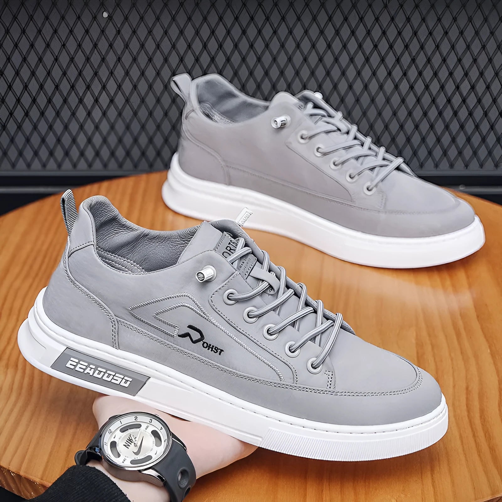 Men's grey canvas casual shoes with leather lining and rubber sole
