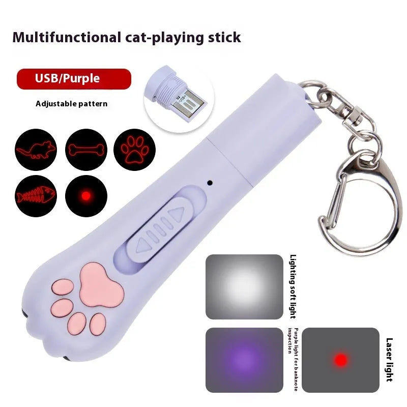 USB-rechargeable infrared laser cat toy wand in pink, projecting a cat footprints laser pattern on a floor.