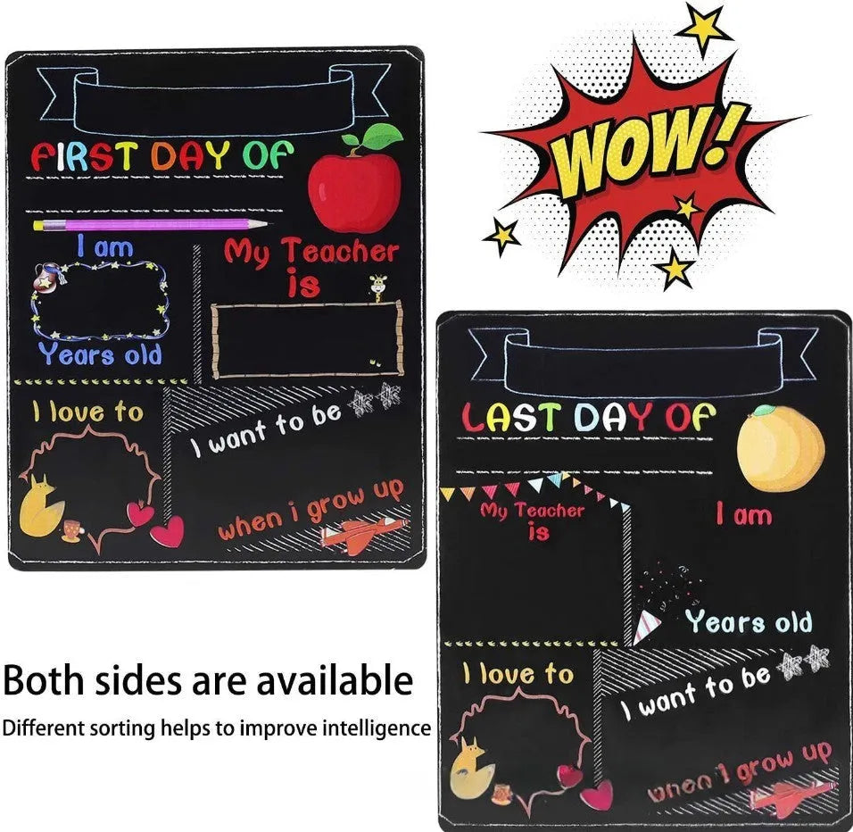Rectangular wooden blackboard ornament for first day of school, showing dimensions of 25.5 by 30 cm.