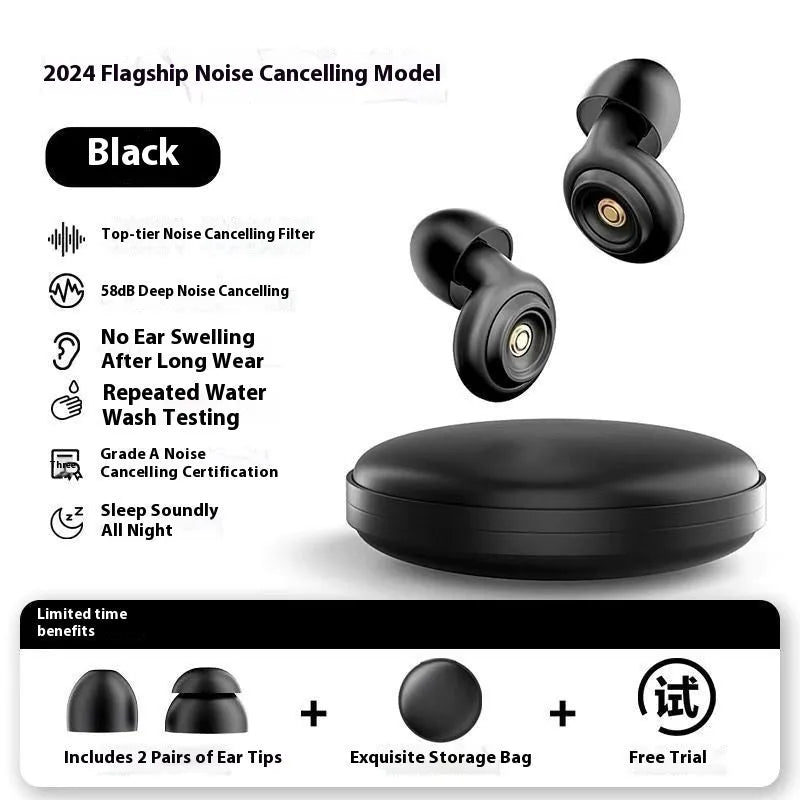 Set of noise reduction earplugs for sleep with storage bag in dark night black and creamy-white
