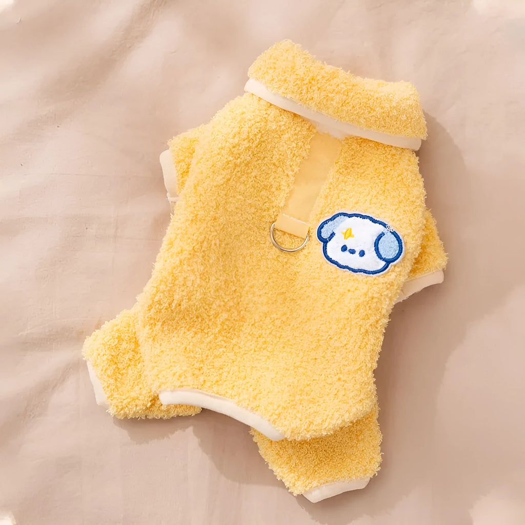 Yellow thick plush dog pajamas one-piece winter pet coat with lapel front for puppies and cats