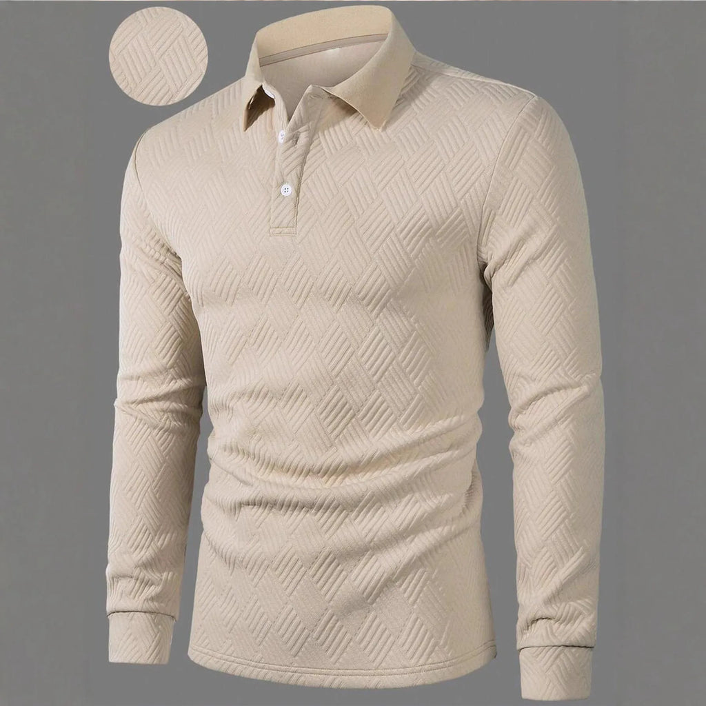 Men's long sleeve polo shirt, loose fit, solid colour, lapel collar, polyester, casual daily top