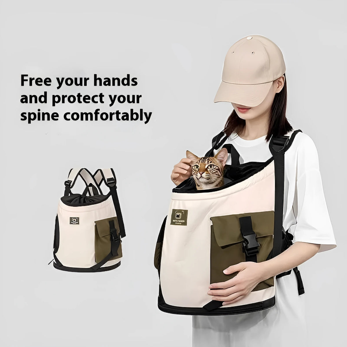 Portable PET cat backpack in brown or custard with built-in safety buckle and adjustable drawstring