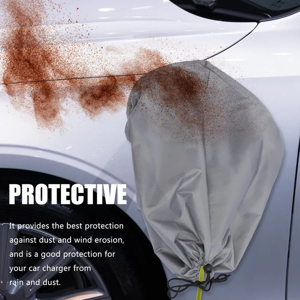 Grey waterproof drawstring cover for electric vehicle charging port measuring 28x45x16cm