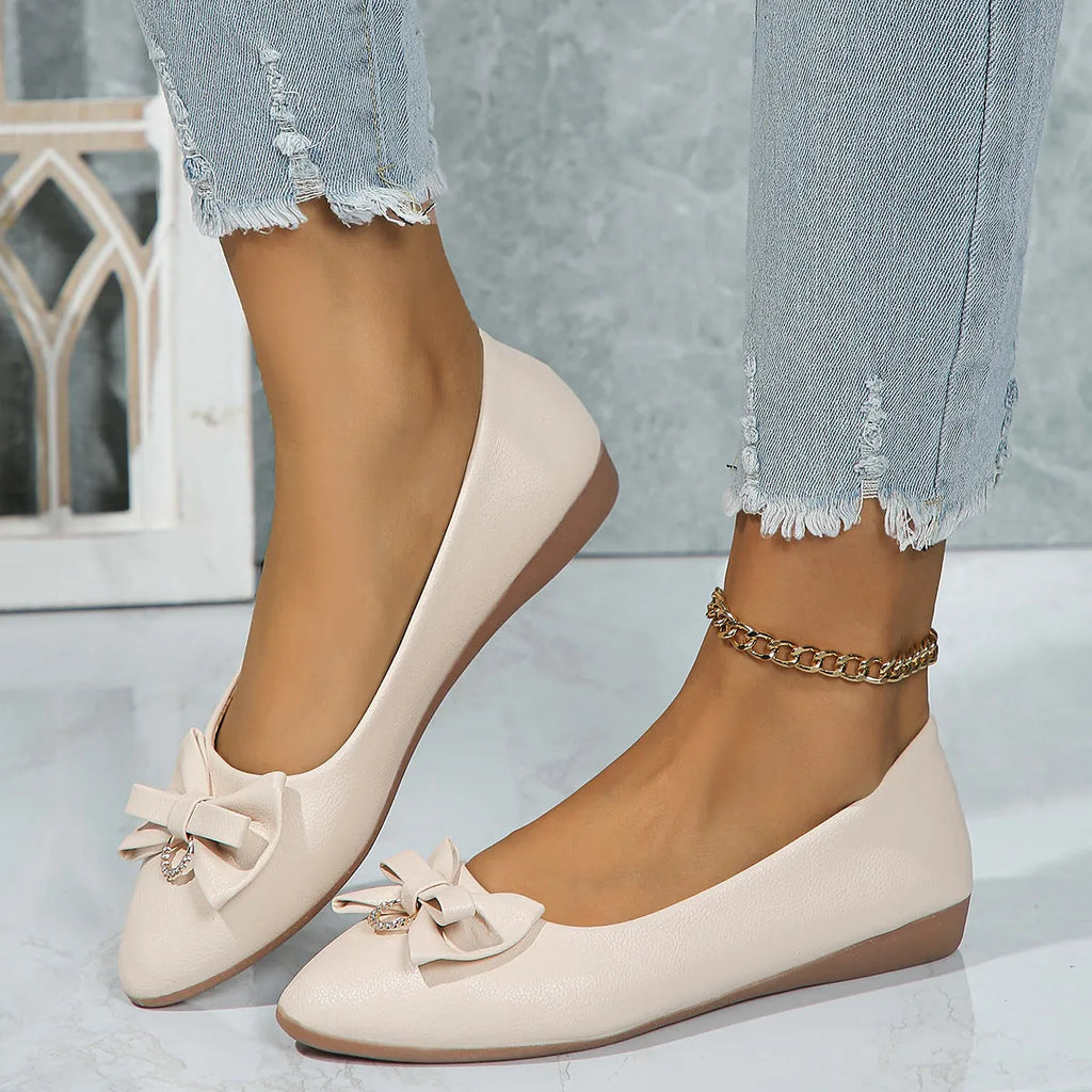Women's beige casual loafers with bowknot detail and shallow mouth slip-on design