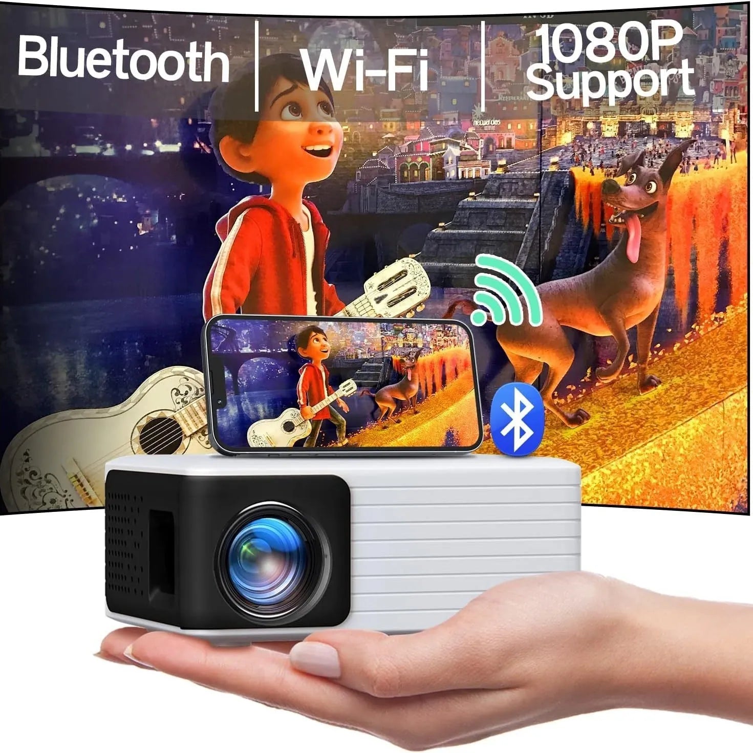 WIFI wireless projector with Bluetooth, 720p HD, Smart Android, 3200 lumens brightness, white finish