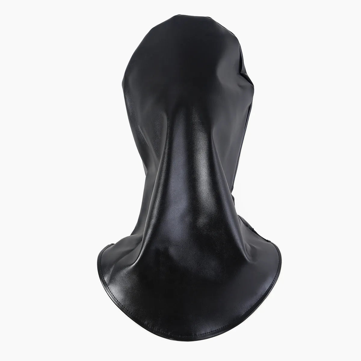 Black PU leather adult roleplay face mask with adjustable straps on a model