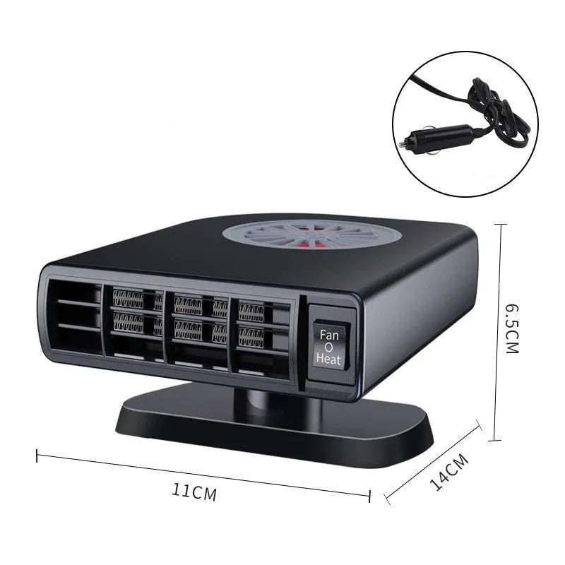 Black vehicle-mounted car heater with adjustable vents for defrosting and defogging windscreens.