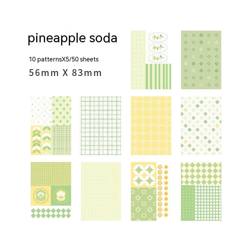 50-piece pack of retro collage dessert-themed note paper in ten colours, size 56mm by 83mm.