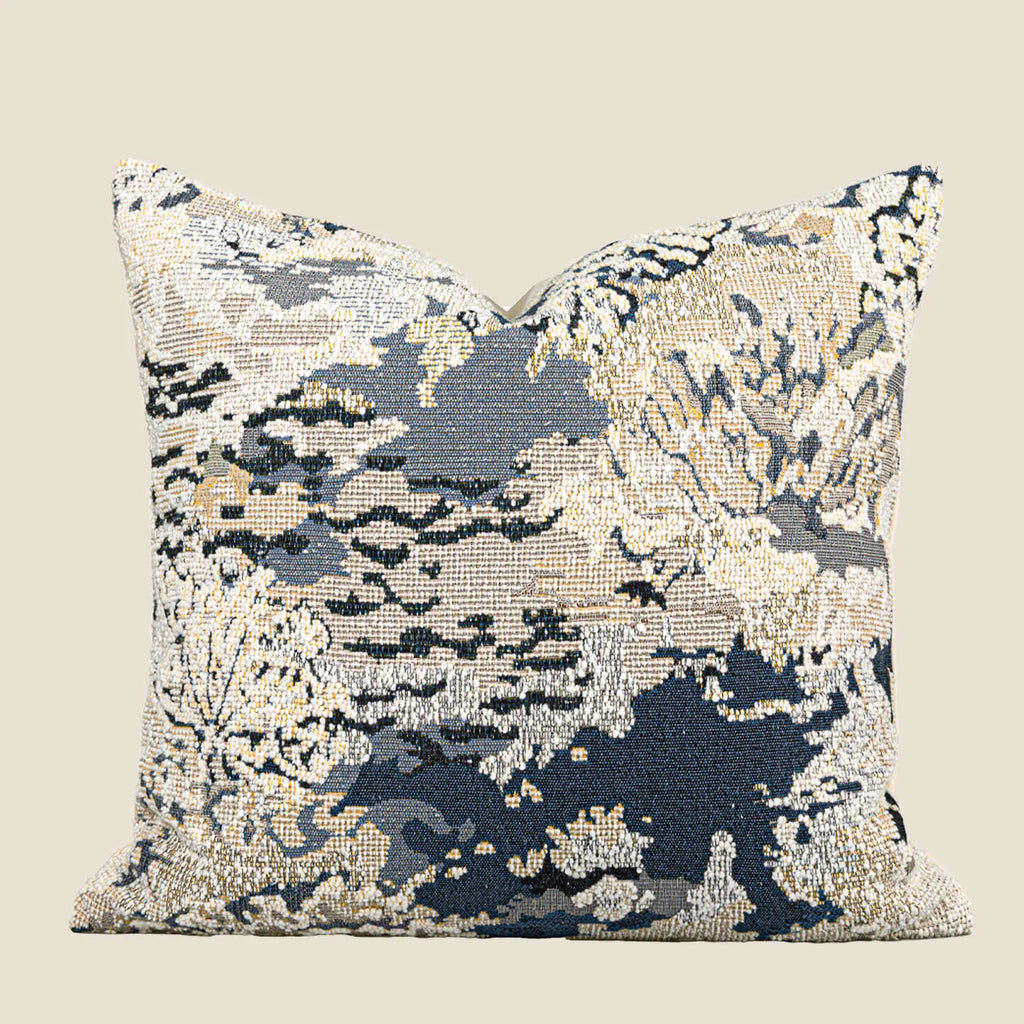 Antique blue decorative cushion with abstract flower pattern in Chinese style, shown in square and waist pillow sizes.