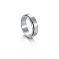 Titanium steel star moon ring in glossy finish on a neutral background, showing celestial motif and band width