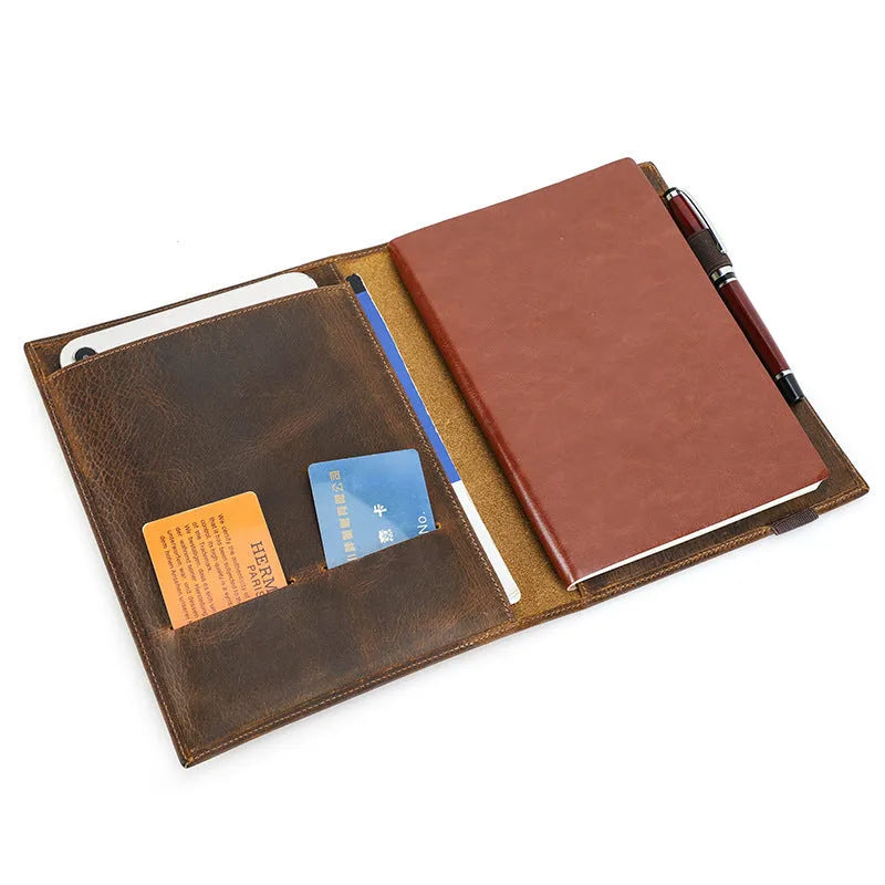 Brown Crazy Horse leather A5 notebook protective sleeve with socket type closure
