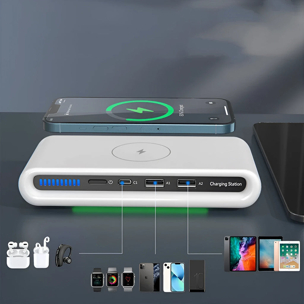 White desktop wireless charger with atmospheric lighting and phone charging on surface