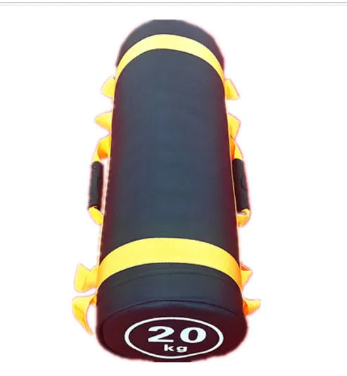 White PVC fitness sandbag for weight training, shown with weight options from 5 to 30 kilograms.