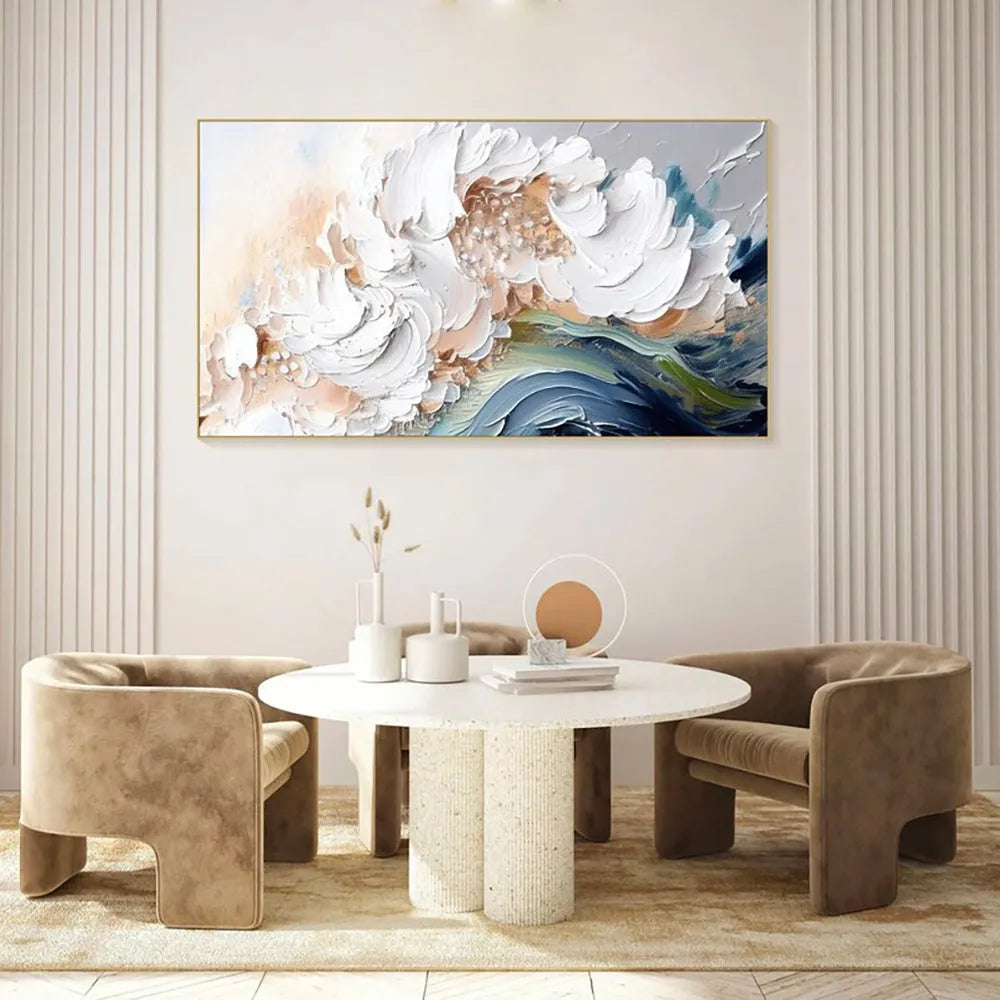 Modern abstract handmade oil painting heavy texture white waves unframed large canvas wall art