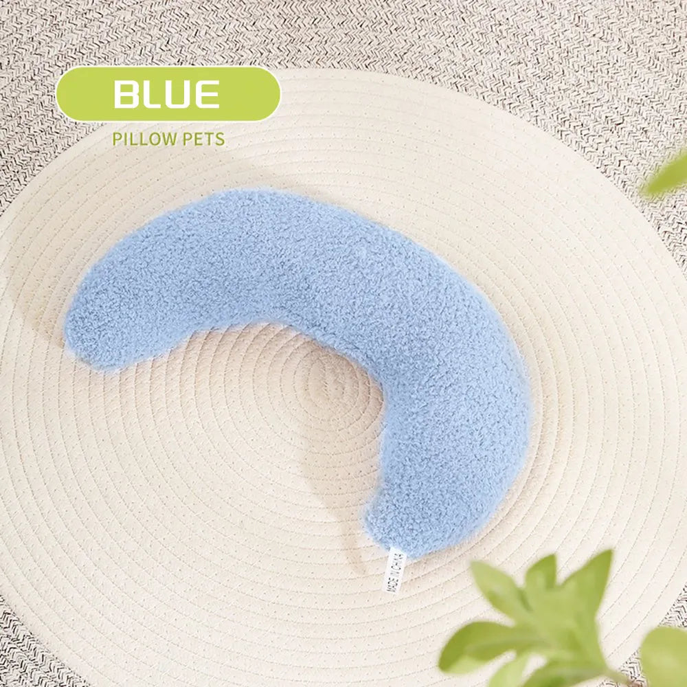 U-shaped blue cat pillow with adjustable fabric collar for pet cervical support